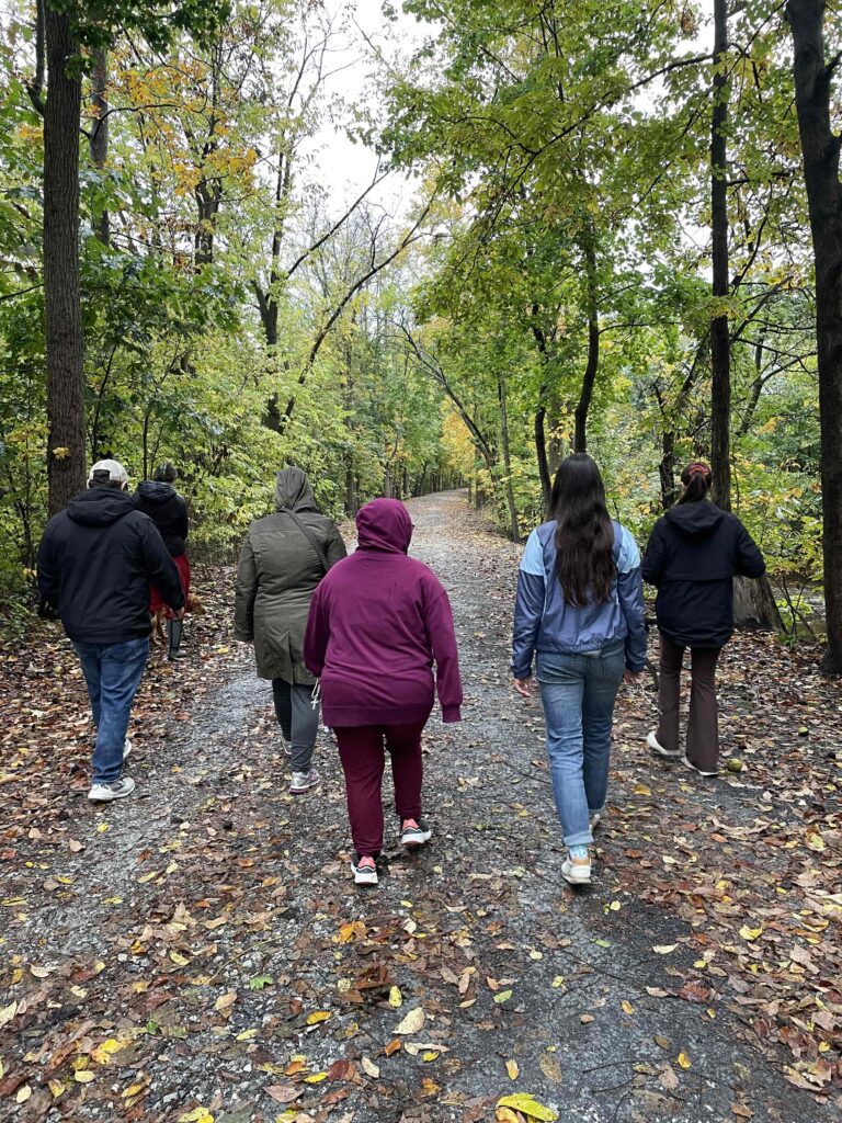 Fall leaves on the walking path with 6 people walking