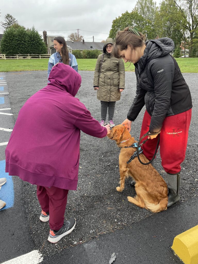 Young woman petting Golden Retriever